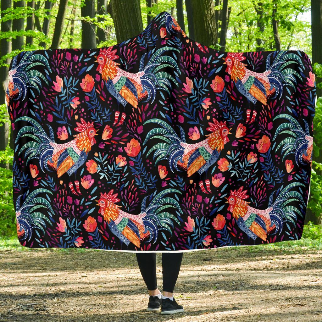 Rooster Hand Drawn Pattern Print Hooded Blanket-grizzshop