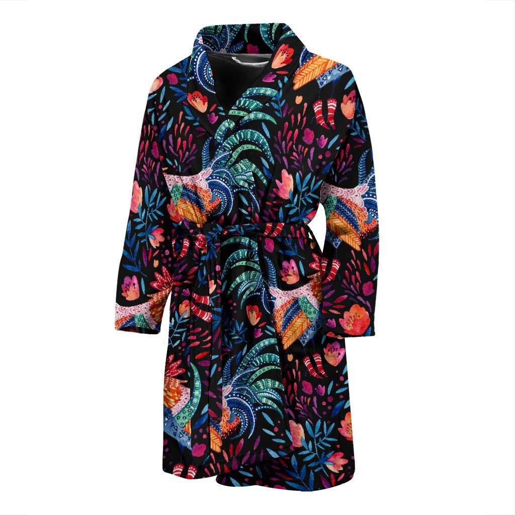 Rooster Hand Drawn Pattern Print Men Long Robe-grizzshop