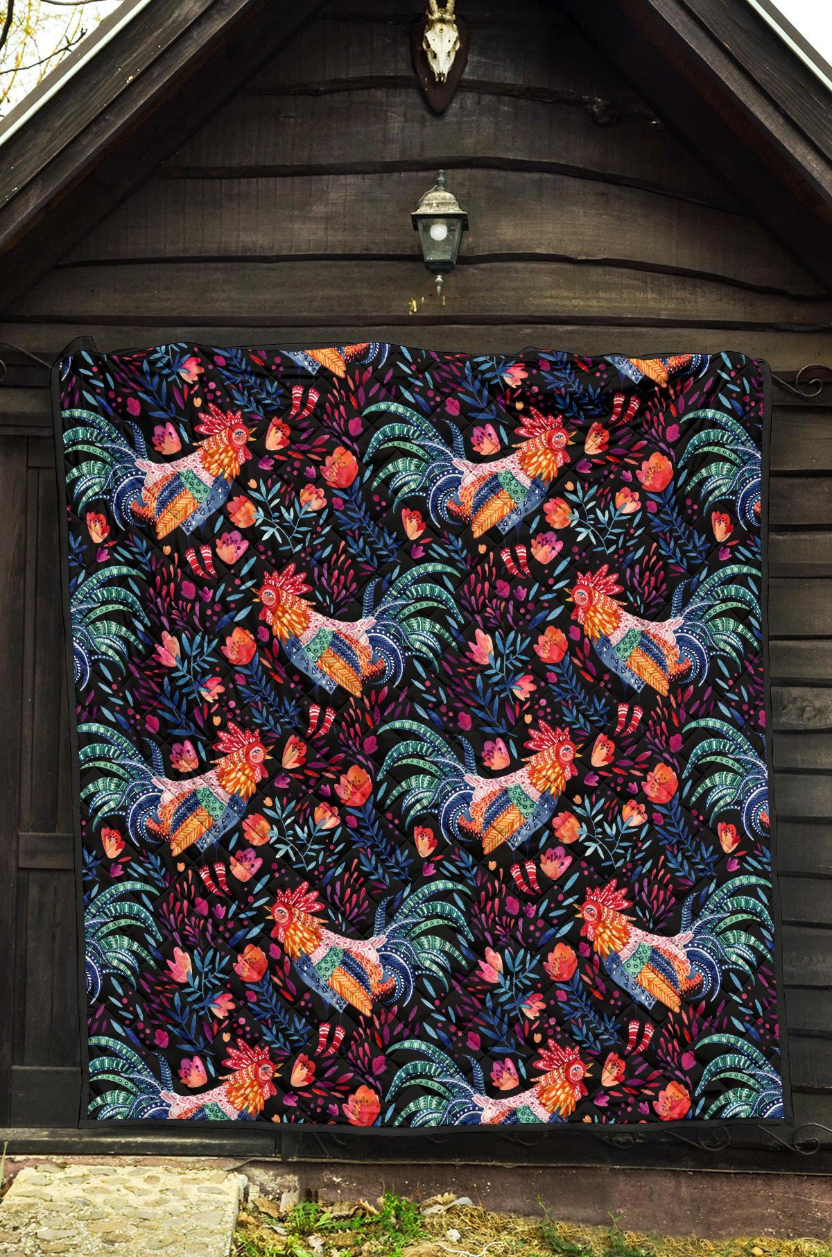 Rooster Hand Drawn Pattern Print Quilt-grizzshop