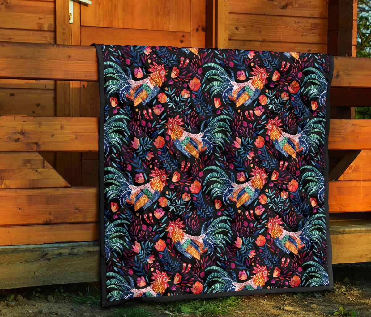 Rooster Hand Drawn Pattern Print Quilt-grizzshop