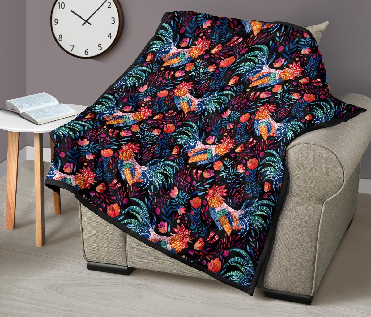Rooster Hand Drawn Pattern Print Quilt-grizzshop