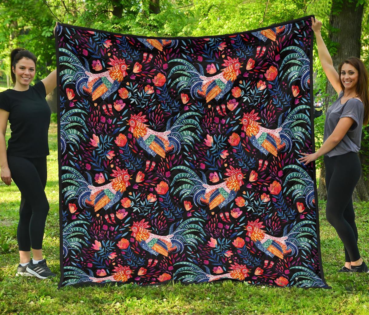 Rooster Hand Drawn Pattern Print Quilt-grizzshop