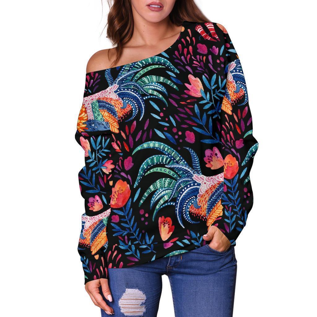 Rooster Hand Drawn Pattern Print Women Off Shoulder Sweatshirt-grizzshop