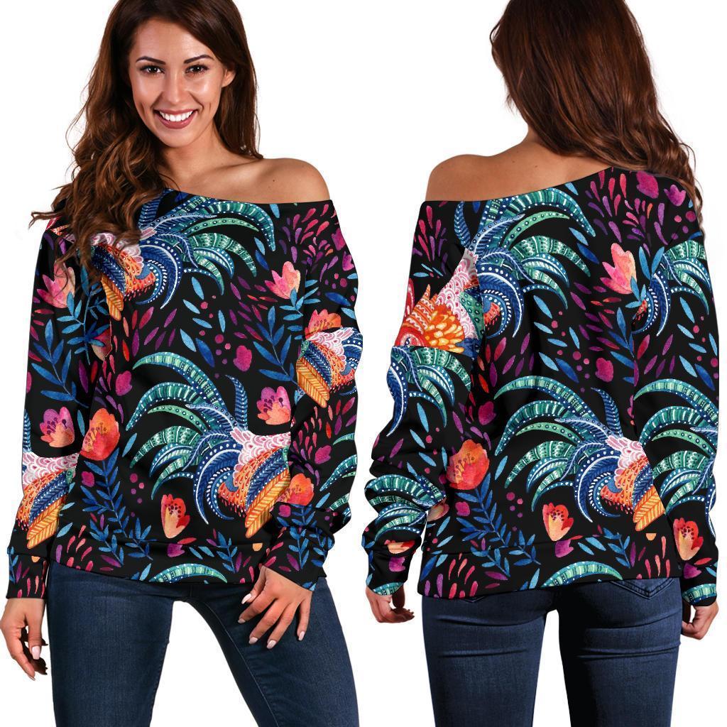 Rooster Hand Drawn Pattern Print Women Off Shoulder Sweatshirt-grizzshop