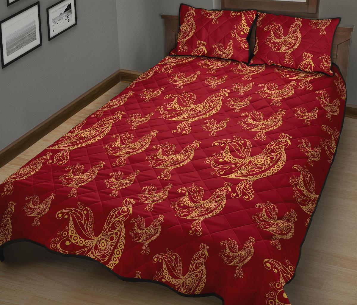 Rooster Pattern Print Bed Set Quilt-grizzshop