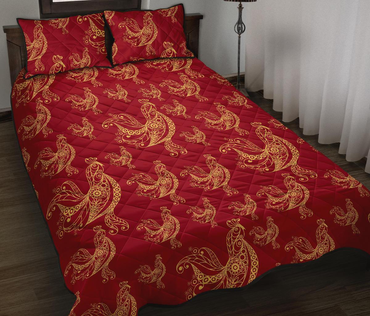 Rooster Pattern Print Bed Set Quilt-grizzshop