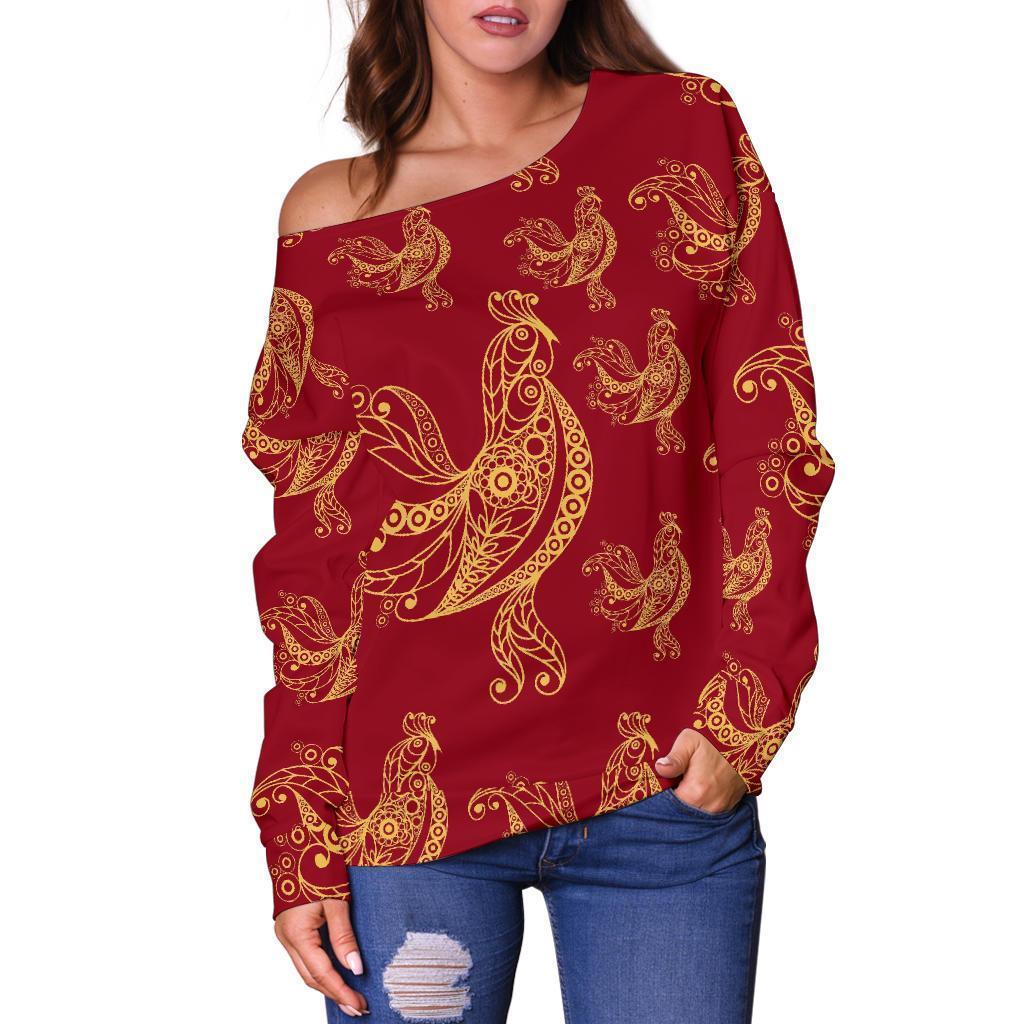 Rooster Pattern Print Women Off Shoulder Sweatshirt-grizzshop