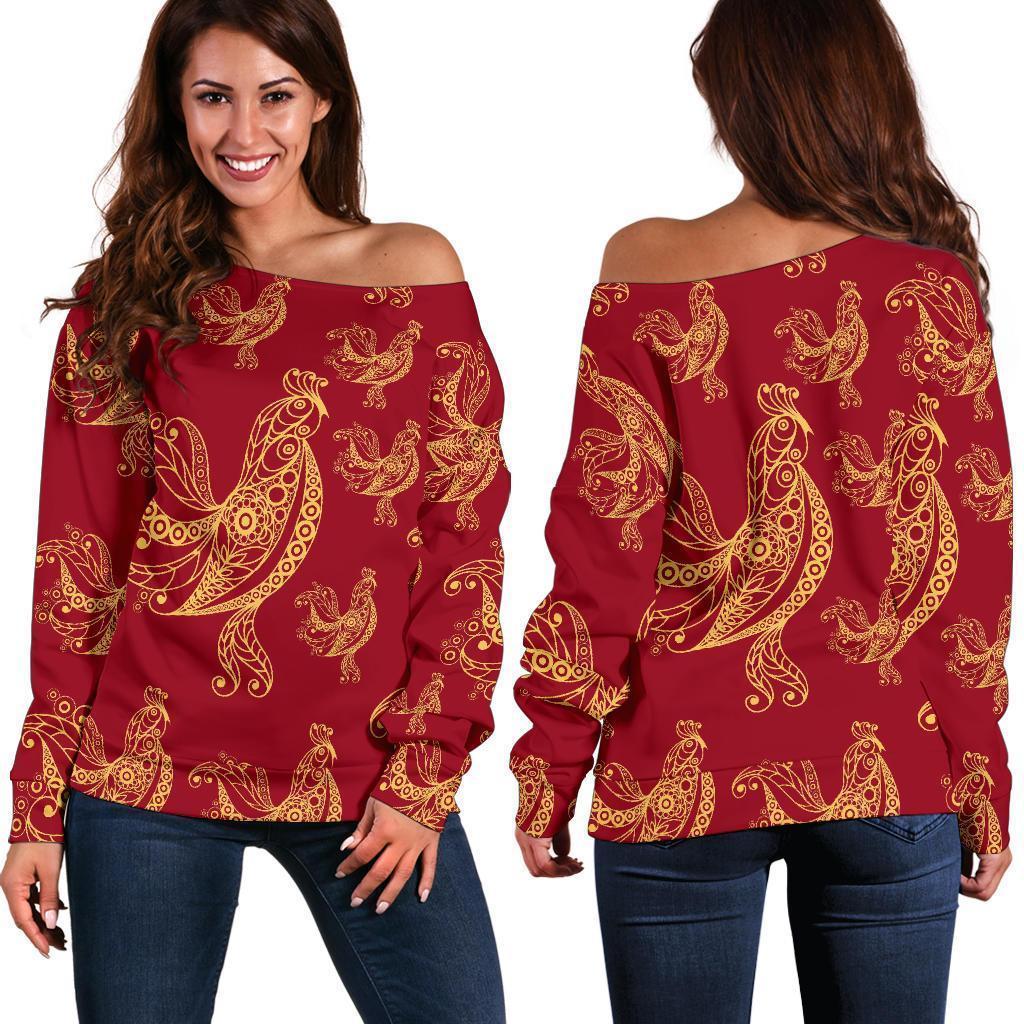 Rooster Pattern Print Women Off Shoulder Sweatshirt-grizzshop