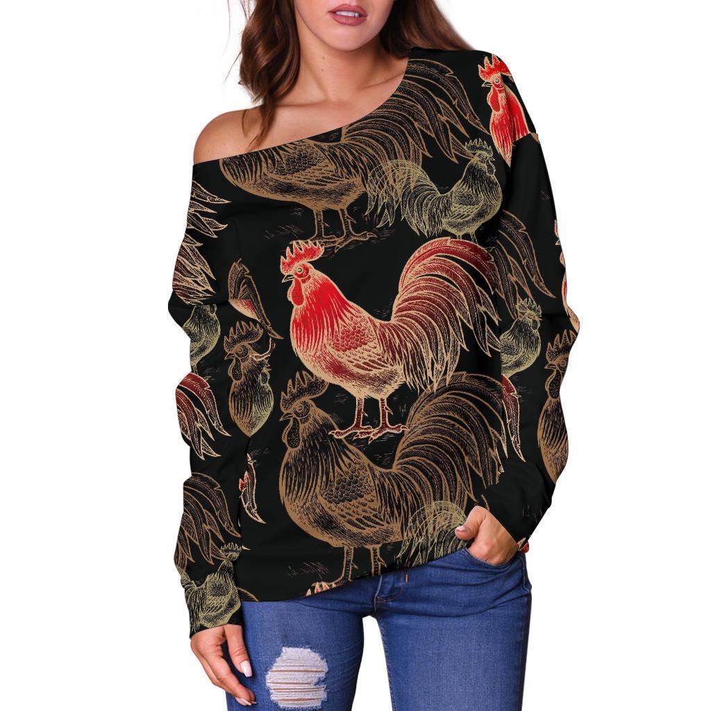 Rooster Print Pattern Women Off Shoulder Sweatshirt-grizzshop