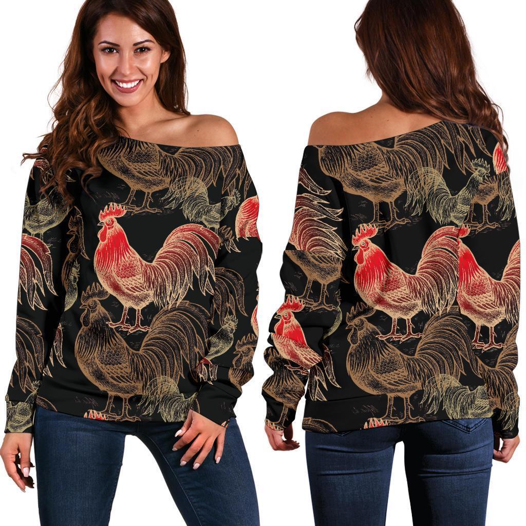 Rooster Print Pattern Women Off Shoulder Sweatshirt-grizzshop
