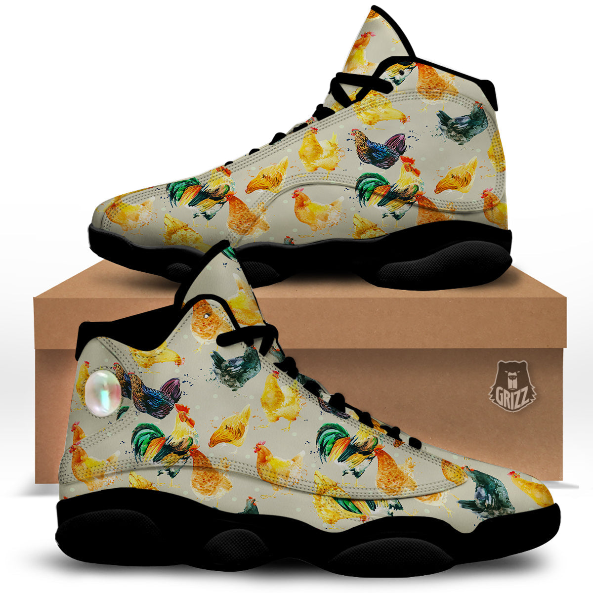 Rooster Watercolor Print Pattern Black Basketball Shoes-grizzshop