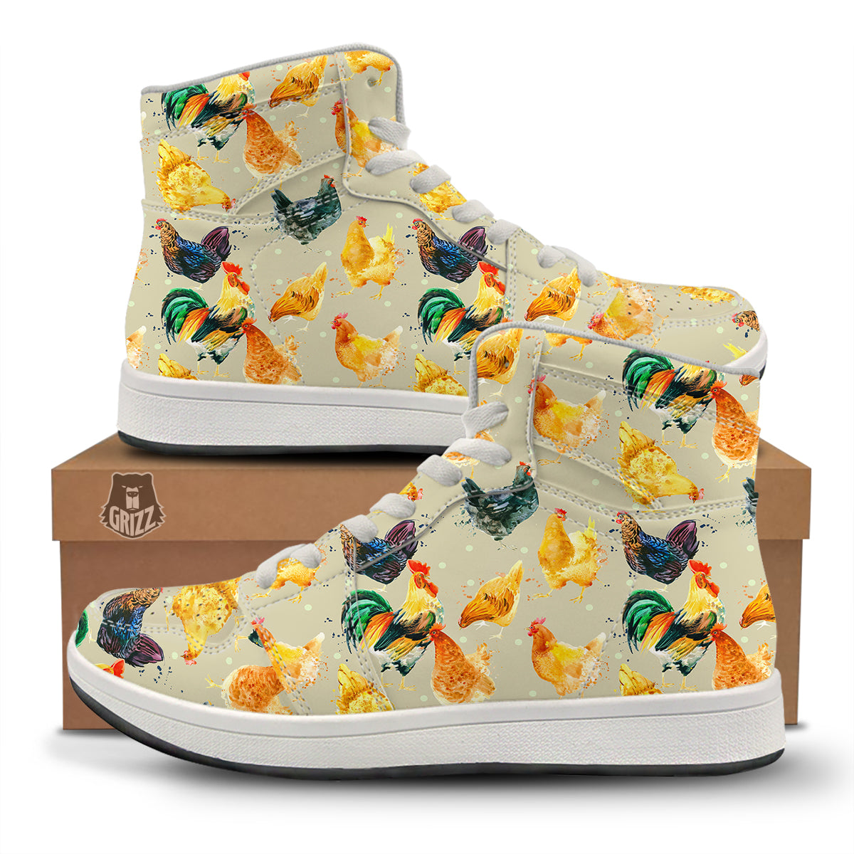 Rooster Watercolor Print Pattern High Top Sneakers-grizzshop