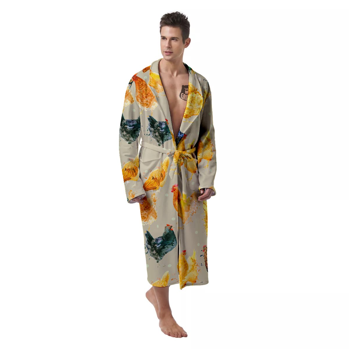 Rooster Watercolor Print Pattern Men's Robe-grizzshop