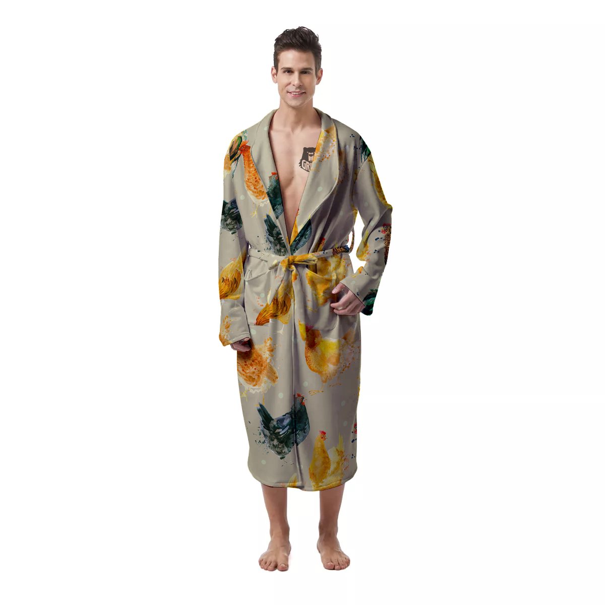Rooster Watercolor Print Pattern Men's Robe-grizzshop