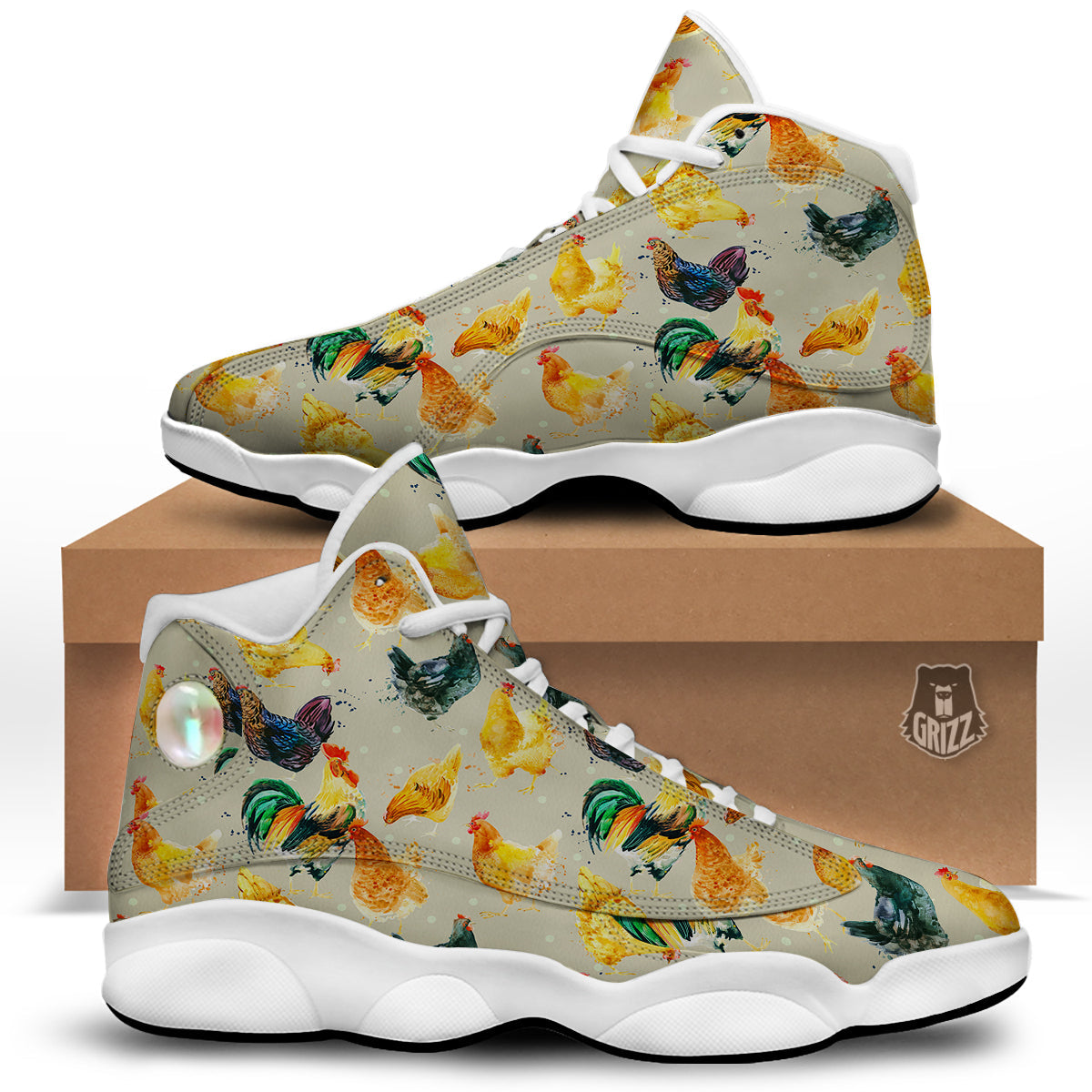 Rooster Watercolor Print Pattern White Basketball Shoes-grizzshop