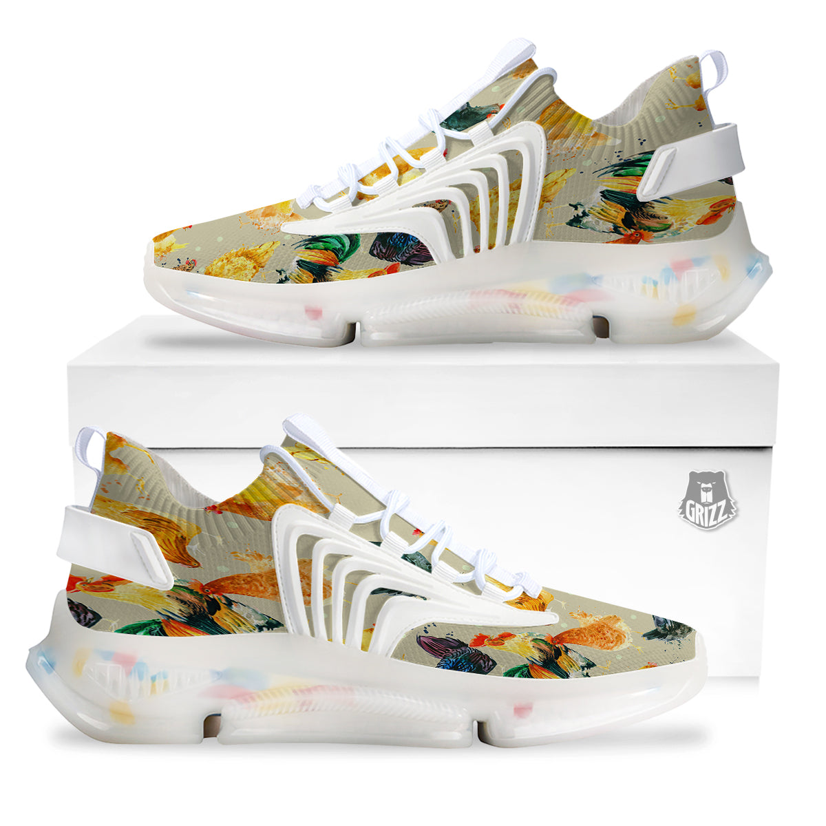 Rooster Watercolor Print Pattern White Gym Shoes-grizzshop