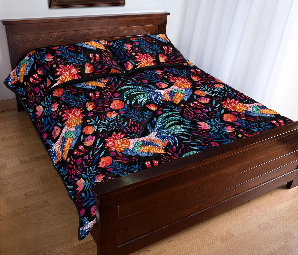 Rooster Hand Drawn Pattern Print Bed Set Quilt-grizzshop