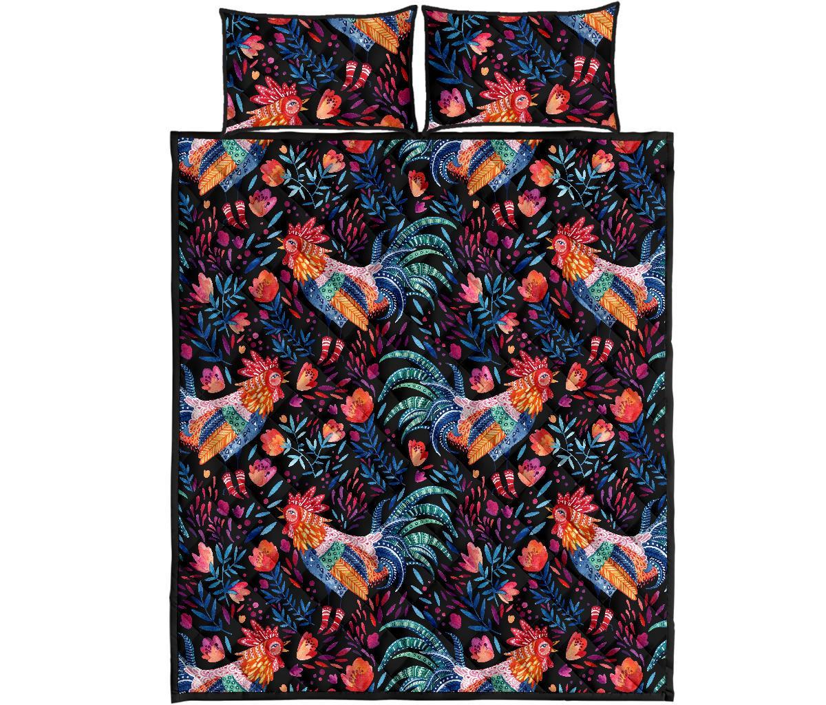Rooster Hand Drawn Pattern Print Bed Set Quilt-grizzshop