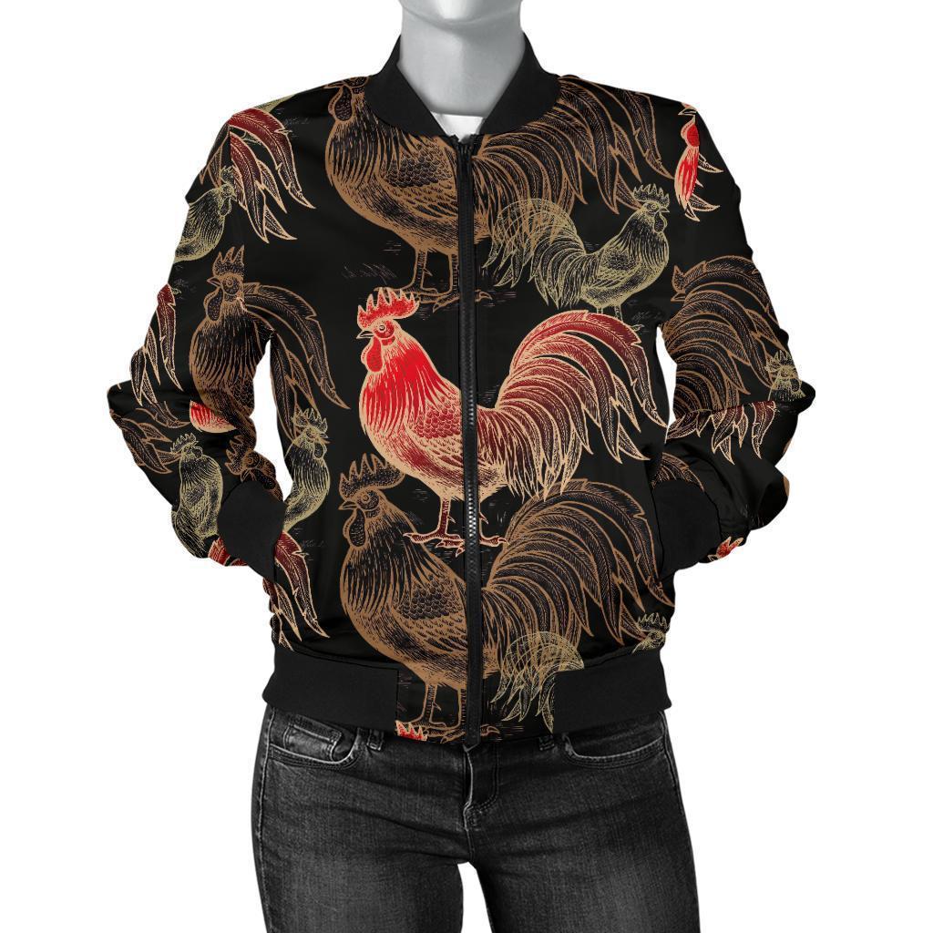 Rooster Print Pattern Women Casual Bomber Jacket-grizzshop