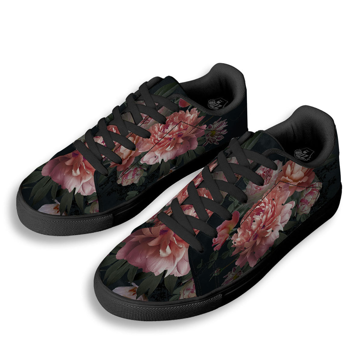 Rose And Peony Print Black Low Top Sneakers-grizzshop