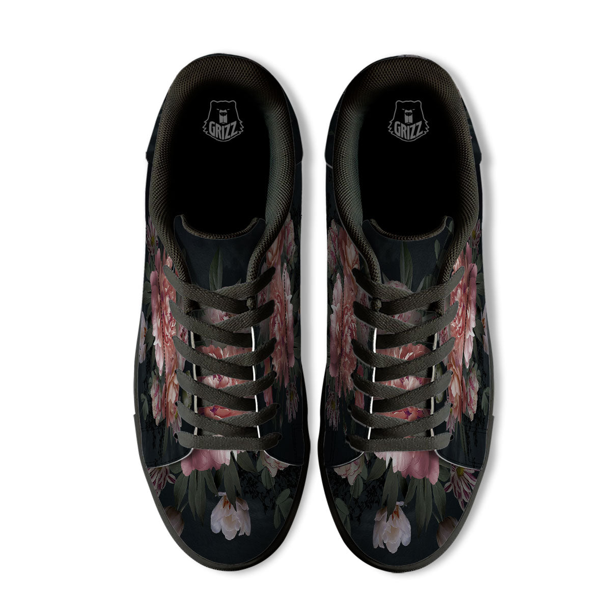 Rose And Peony Print Black Low Top Sneakers-grizzshop