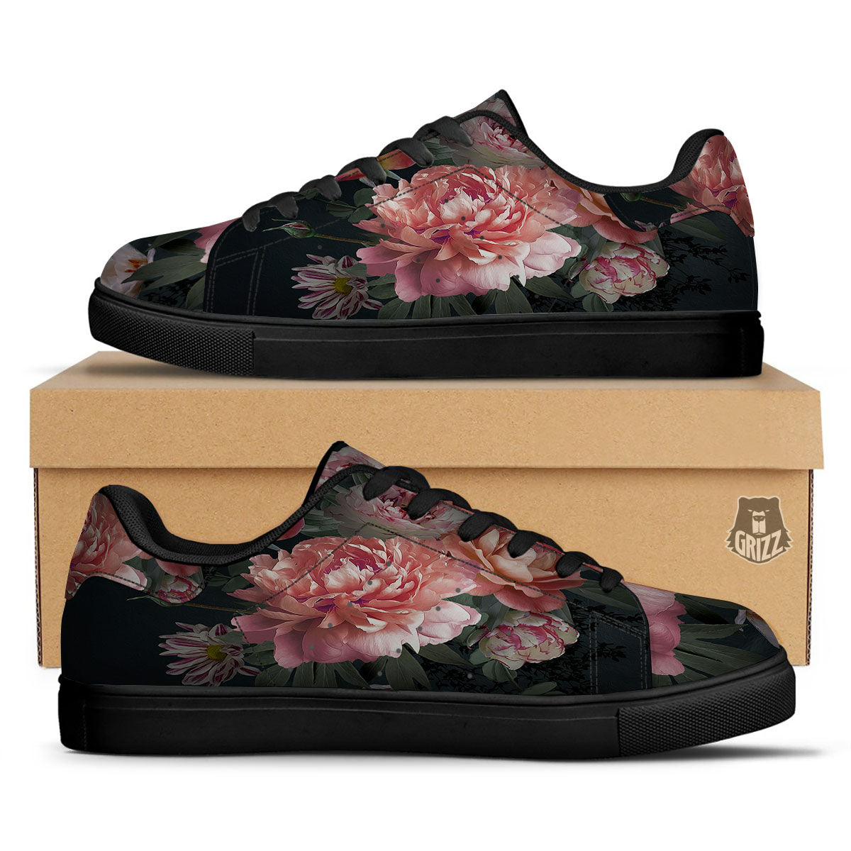 Rose And Peony Print Black Low Top Sneakers-grizzshop