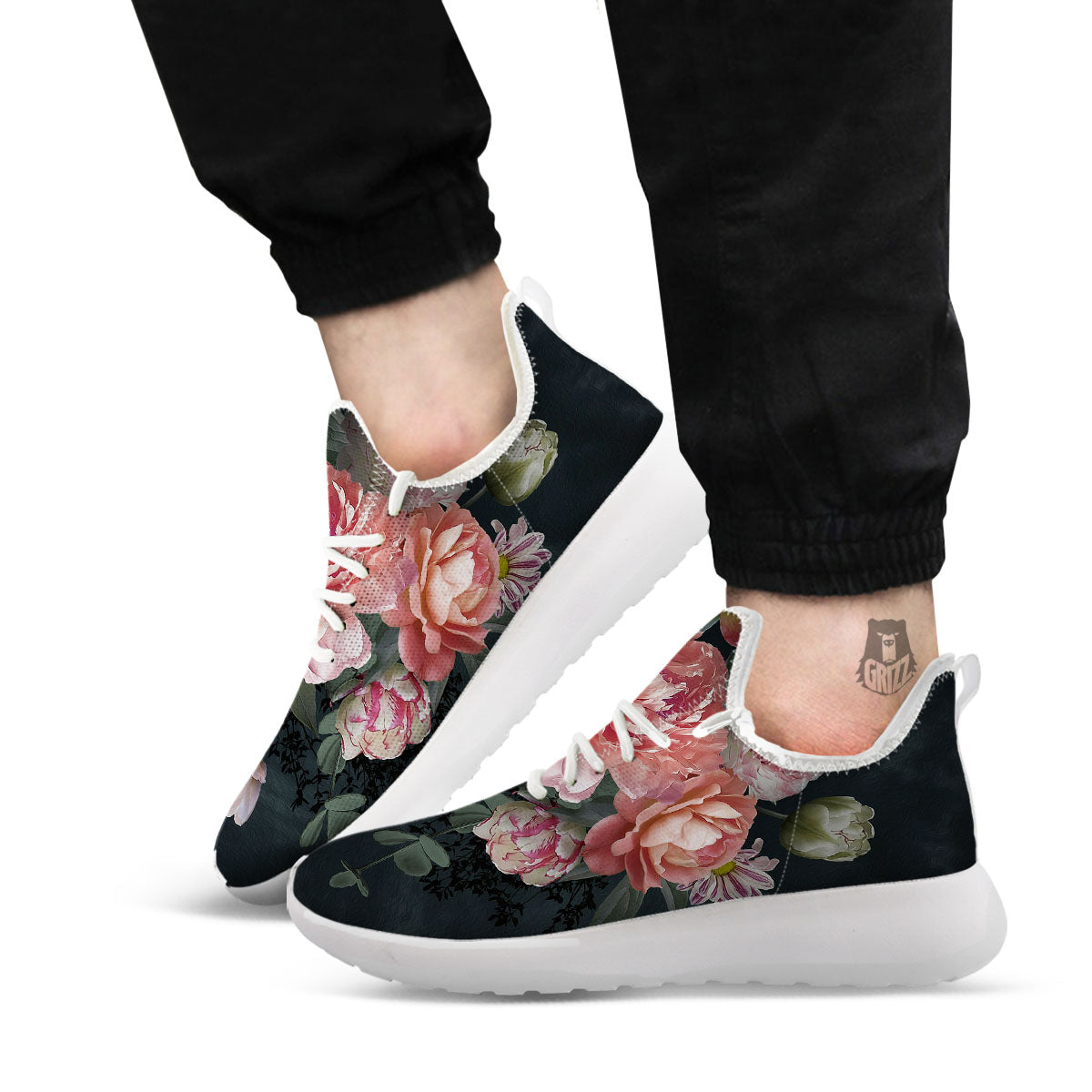 Rose And Peony Print White Athletic Shoes-grizzshop