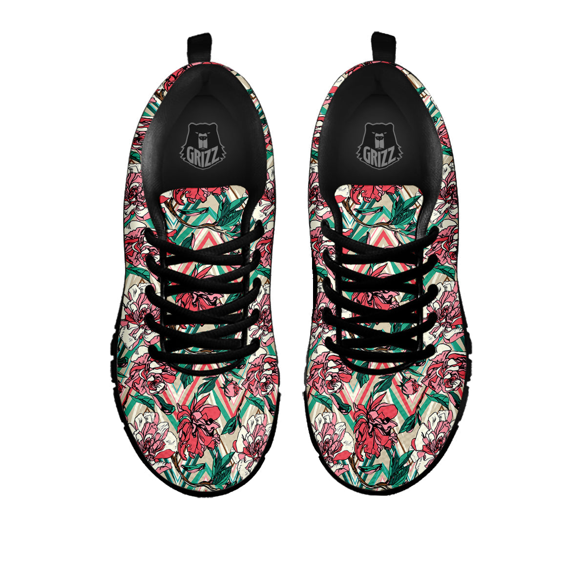 Rose And Zigzag Peony Print Pattern Black Sneaker-grizzshop