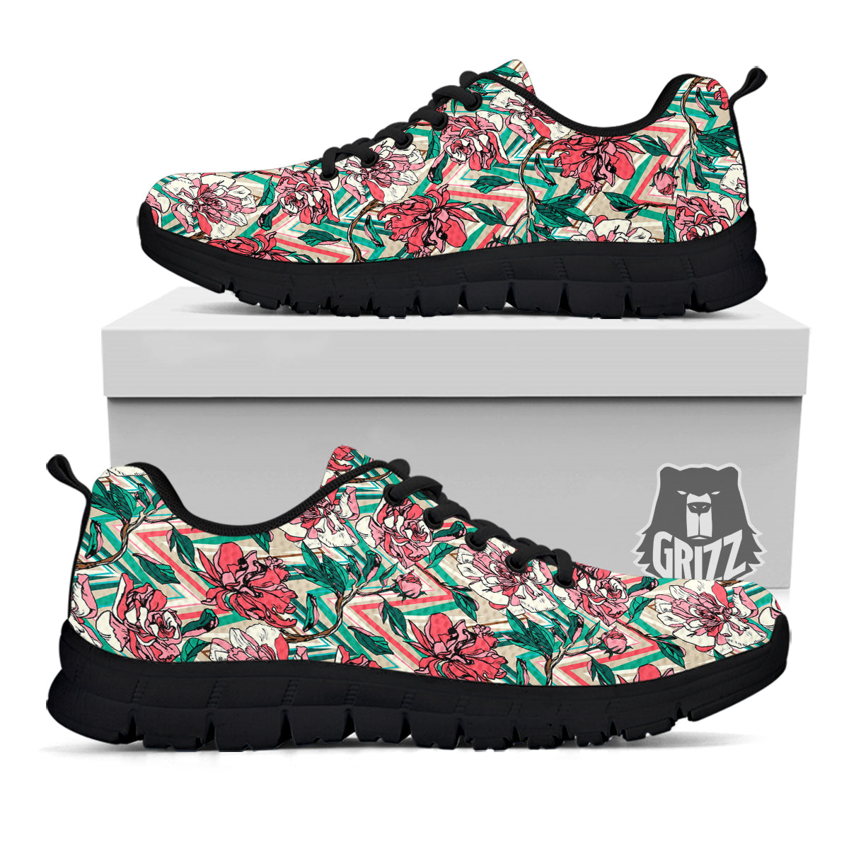 Rose And Zigzag Peony Print Pattern Black Sneaker-grizzshop