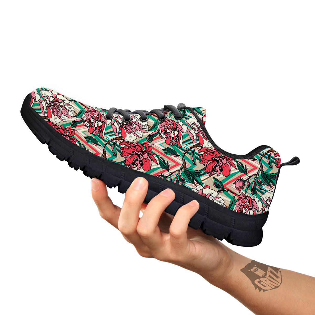 Rose And Zigzag Peony Print Pattern Black Sneaker-grizzshop