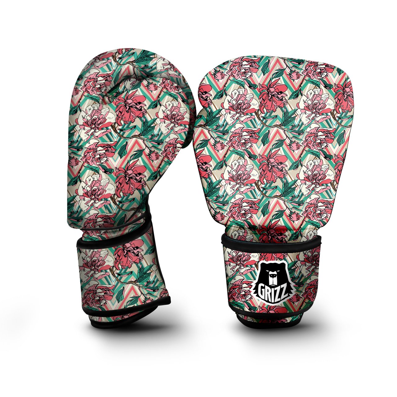 Rose And Zigzag Peony Print Pattern Boxing Gloves-grizzshop