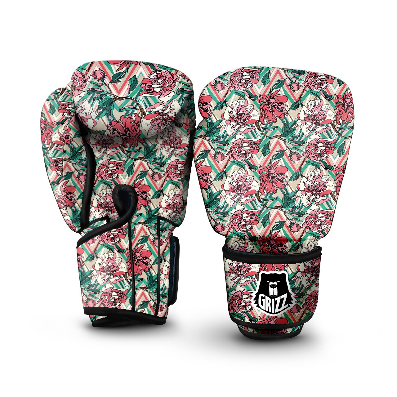 Rose And Zigzag Peony Print Pattern Boxing Gloves-grizzshop