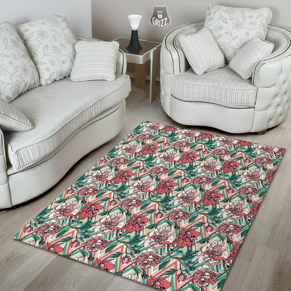 Rose And Zigzag Peony Print Pattern Floor Mat-grizzshop