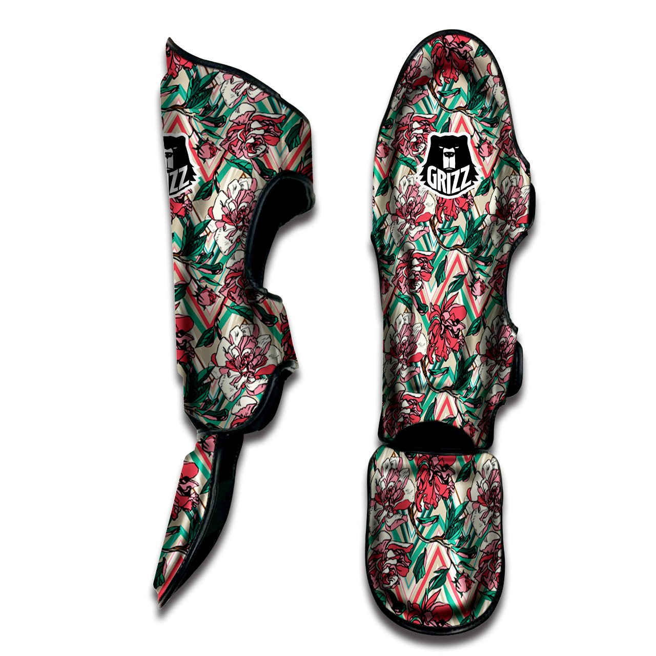 Rose And Zigzag Peony Print Pattern Muay Thai Shin Guards-grizzshop