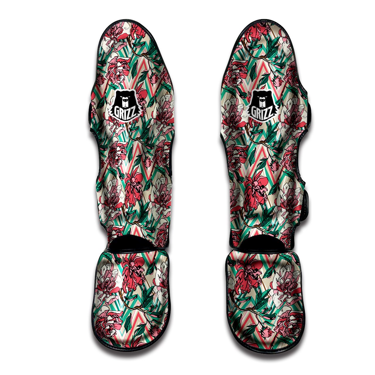 Rose And Zigzag Peony Print Pattern Muay Thai Shin Guards-grizzshop