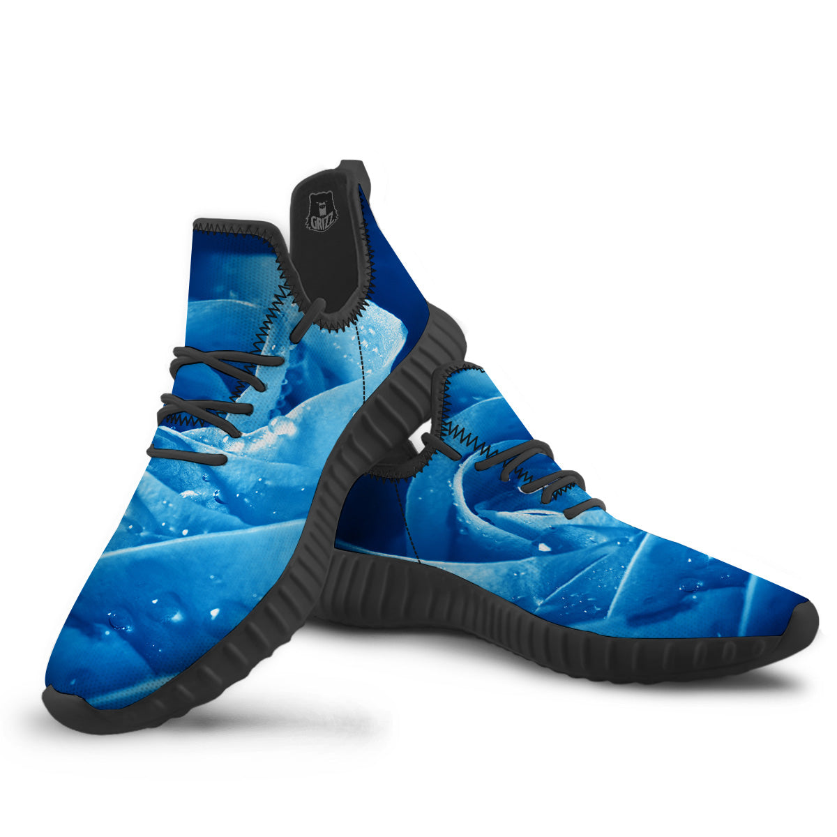 Rose Blue Print Black Walking Shoes-grizzshop