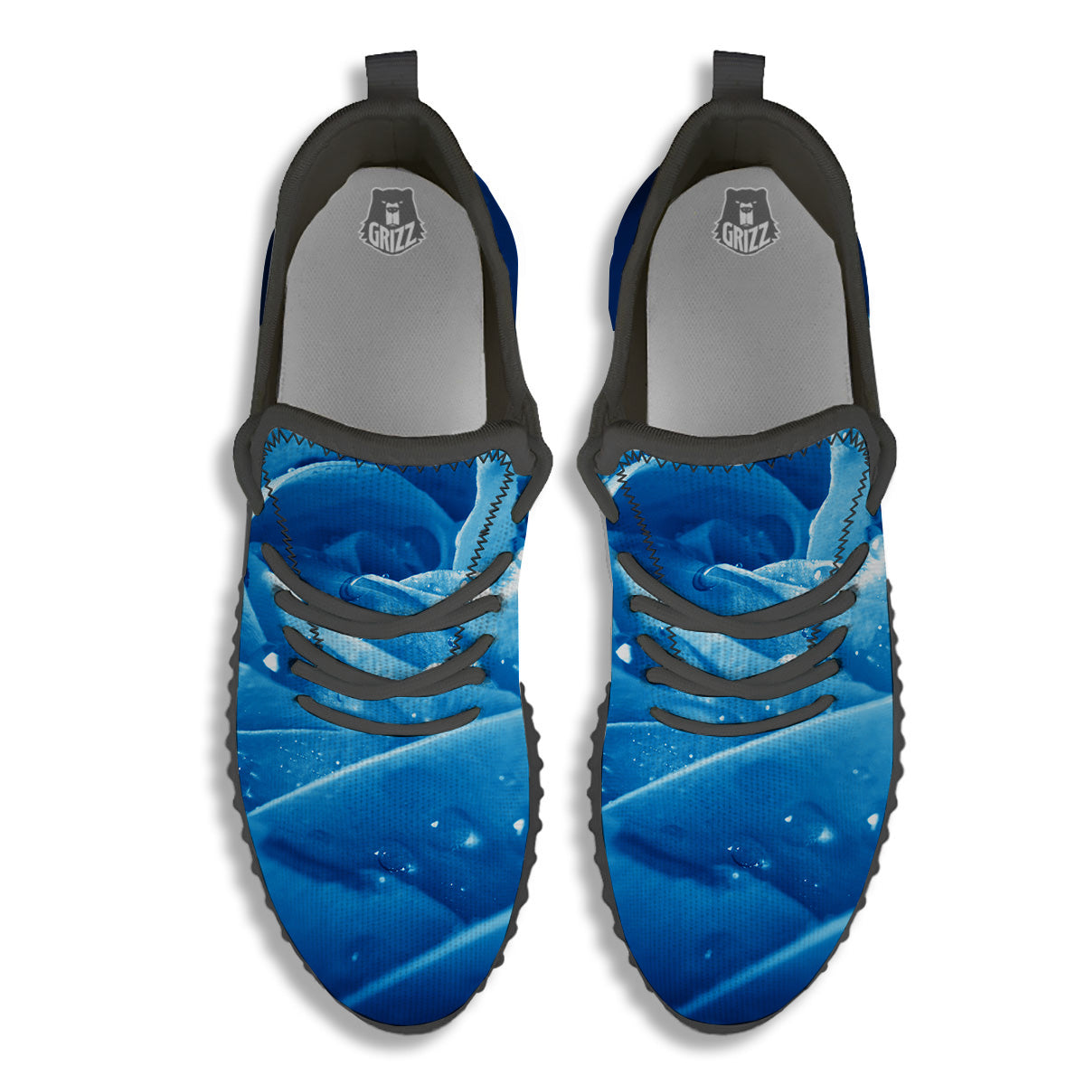 Rose Blue Print Black Walking Shoes-grizzshop