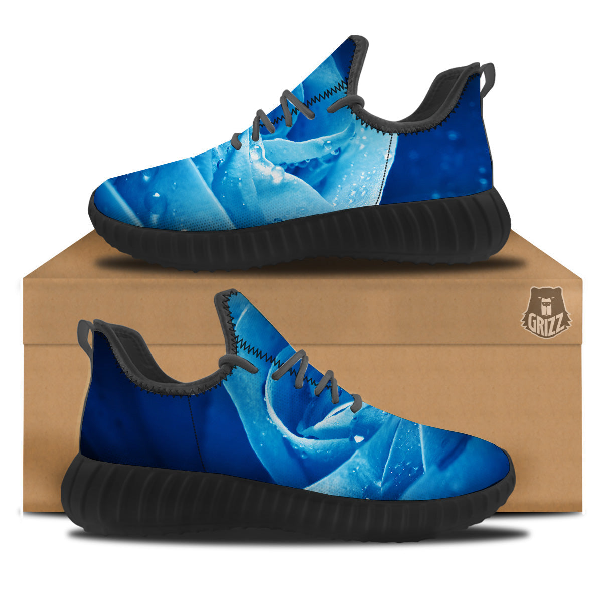 Rose Blue Print Black Walking Shoes-grizzshop