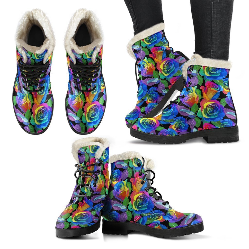 Rose Colorful Rainbow Pattern Print Comfy Winter Boots-grizzshop