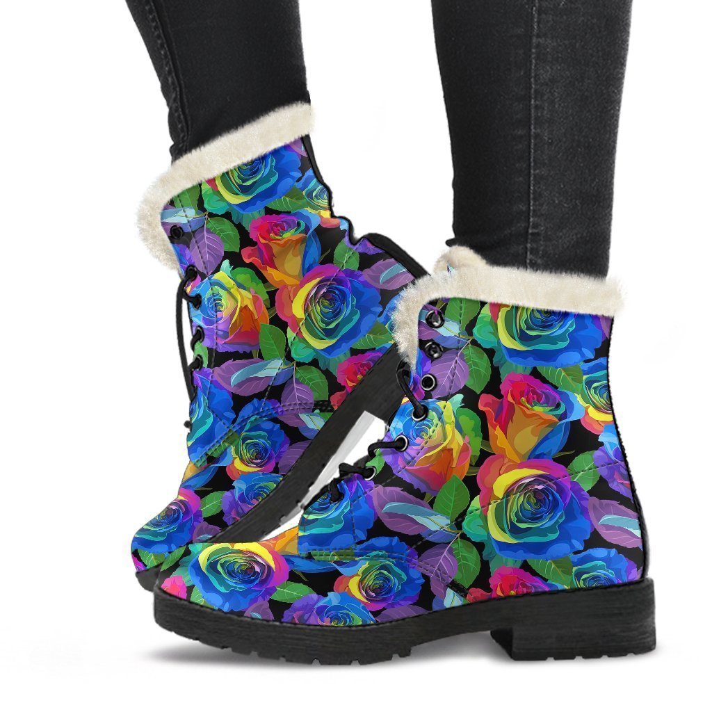 Rose Colorful Rainbow Pattern Print Comfy Winter Boots-grizzshop