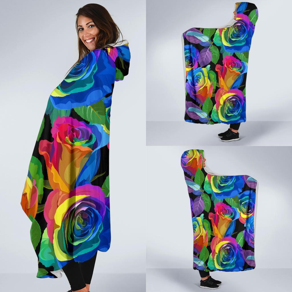 Rose Colorful Rainbow Pattern Print Hooded Blanket-grizzshop