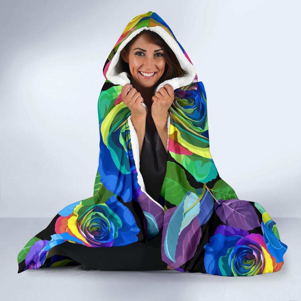 Rose Colorful Rainbow Pattern Print Hooded Blanket-grizzshop
