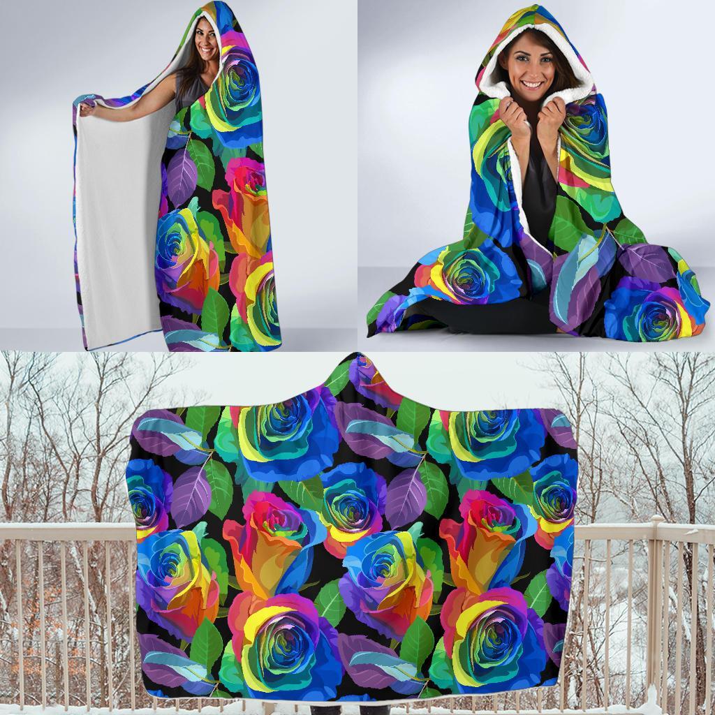 Rose Colorful Rainbow Pattern Print Hooded Blanket-grizzshop