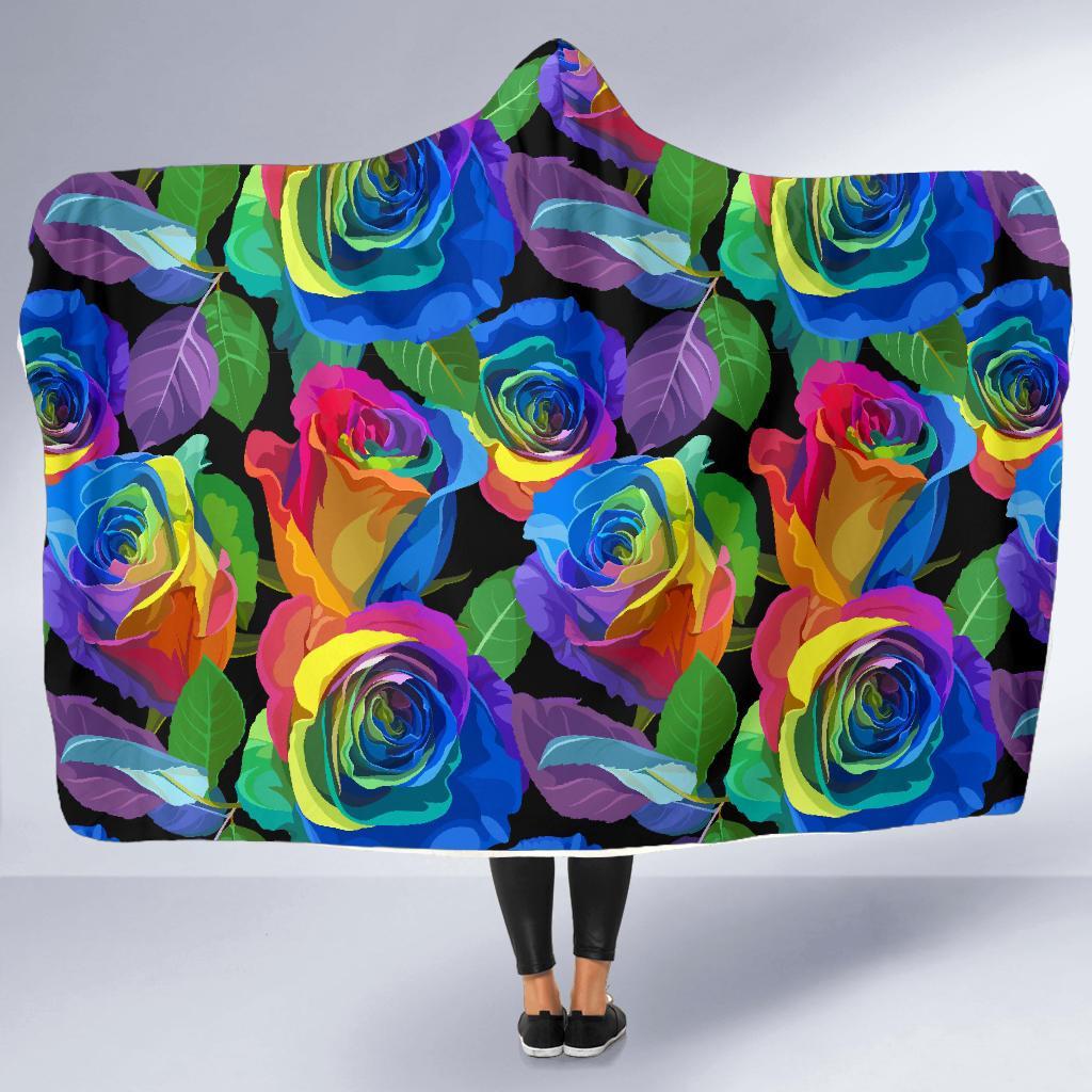 Rose Colorful Rainbow Pattern Print Hooded Blanket-grizzshop