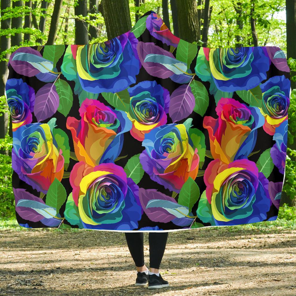 Rose Colorful Rainbow Pattern Print Hooded Blanket-grizzshop