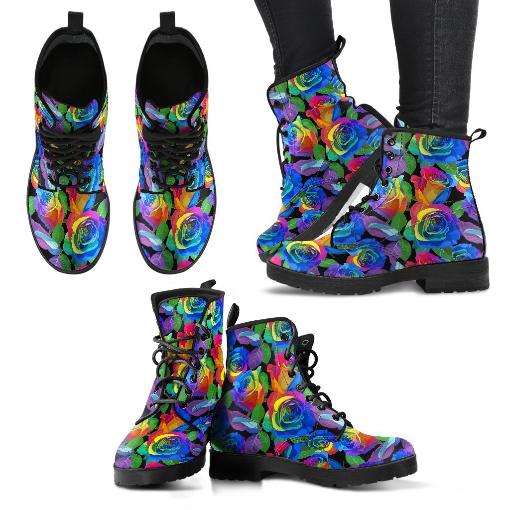 Rose Colorful Rainbow Pattern Print Women Leather Boots-grizzshop