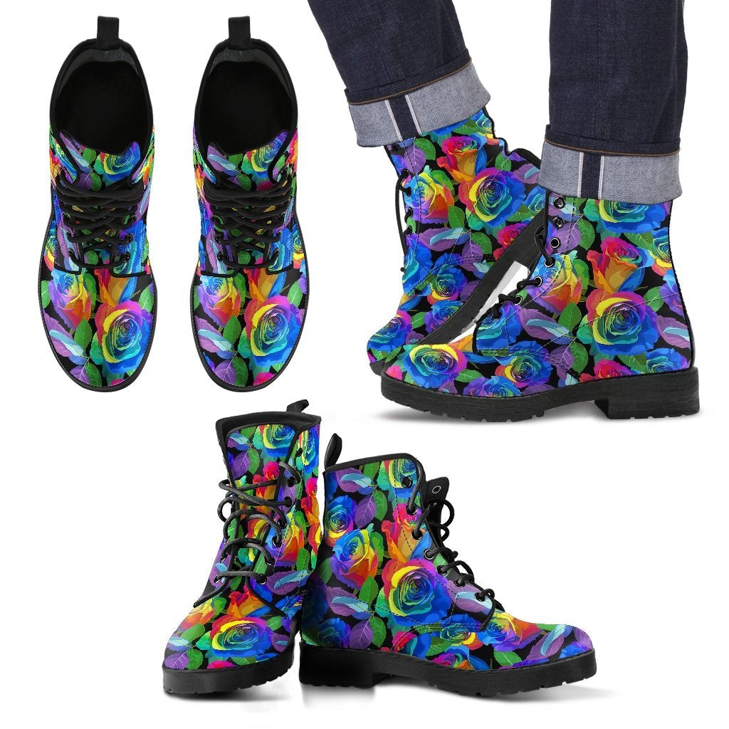 Rose Colorful Rainbow Pattern Print Women Leather Boots-grizzshop