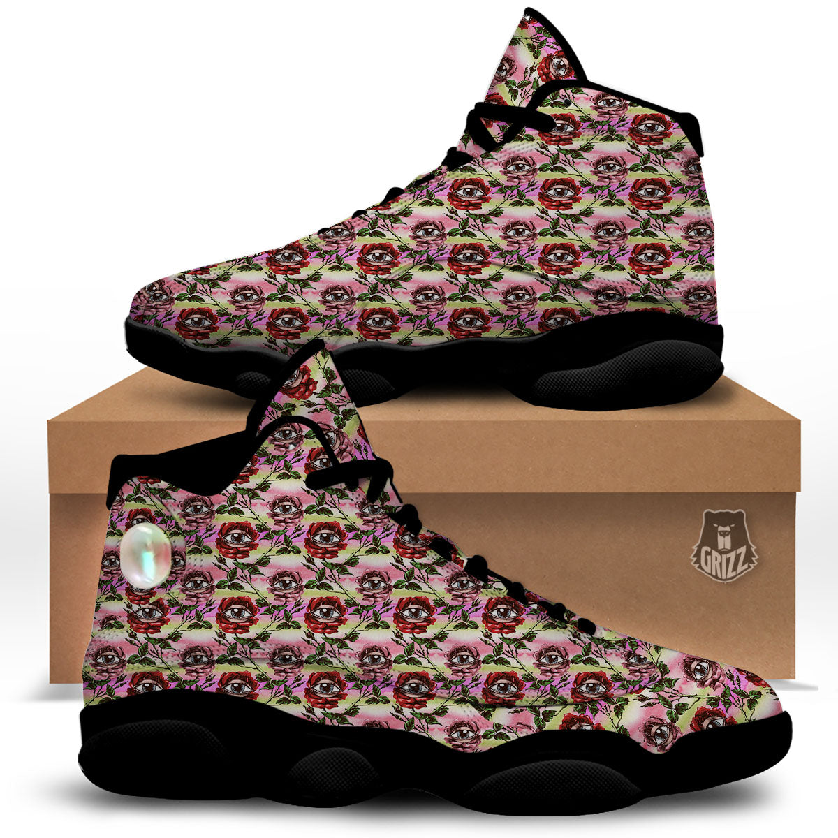 Rose Eyeball Print Pattern Black Basketball Shoes-grizzshop