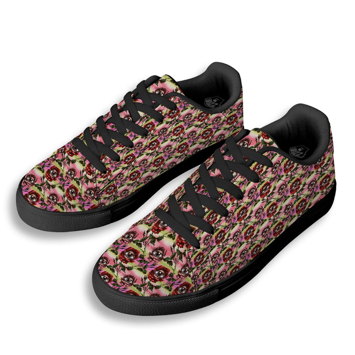 Rose Eyeball Print Pattern Black Low Top Sneakers-grizzshop