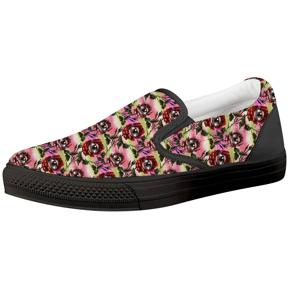 Rose Eyeball Print Pattern Black Slip On Shoes-grizzshop